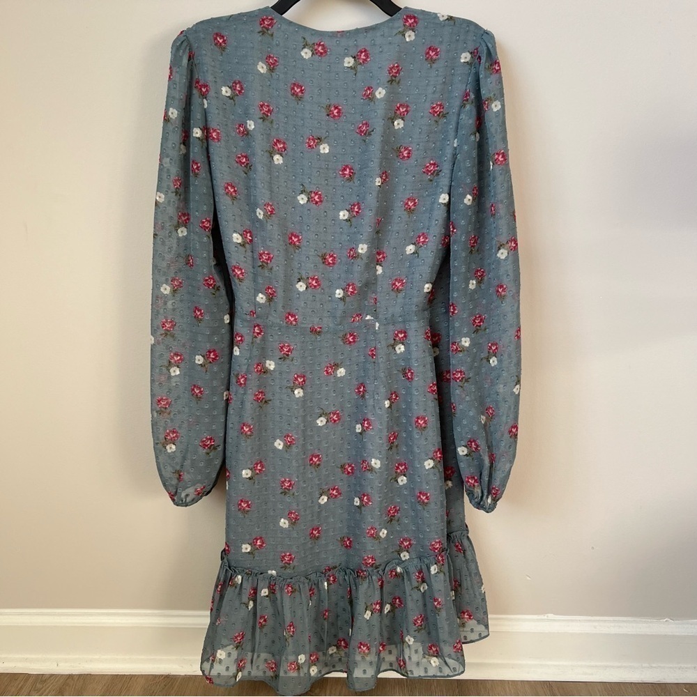 Wayf Eloise Floral Wrap Dress Clip Dot Ruffle Long Sheer Sleeve Tulip Hem Sz S - Picture 8 of 14